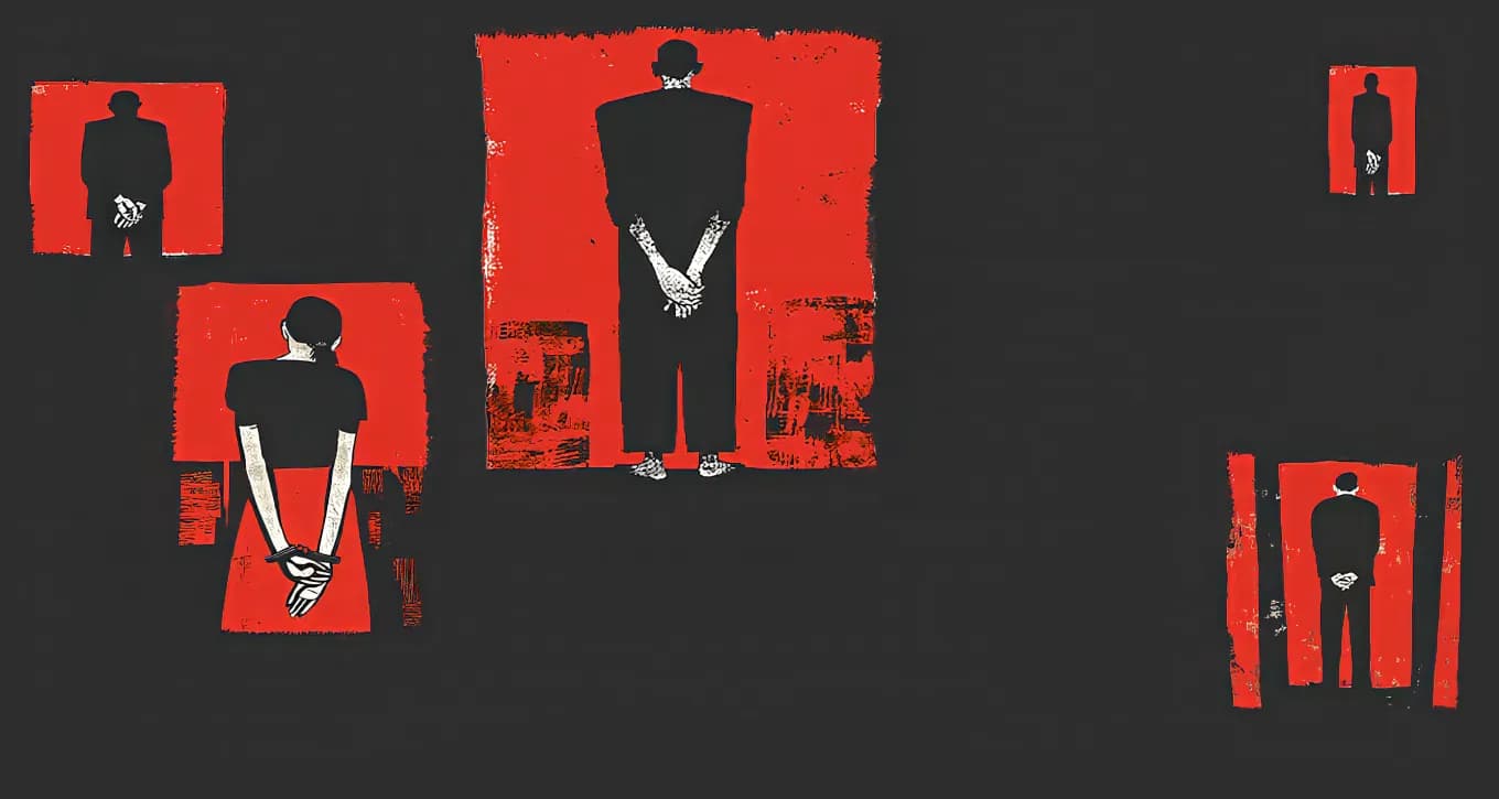 Ilustracja: ludzie z rękami związanymi za plecami na tle czerwonych kwadratów